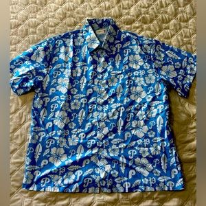 Mens Blue White Hawaiian Floral Sports Ps Chevy Logos Button Down Shirt Size XL